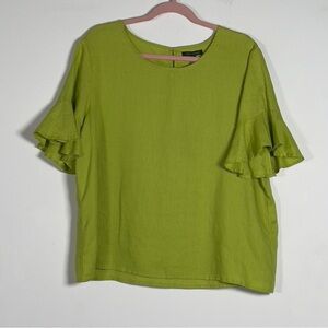 For Cynthia 100% Linen Top Womens Sz XL Lime Green Flutter Short Sleeves